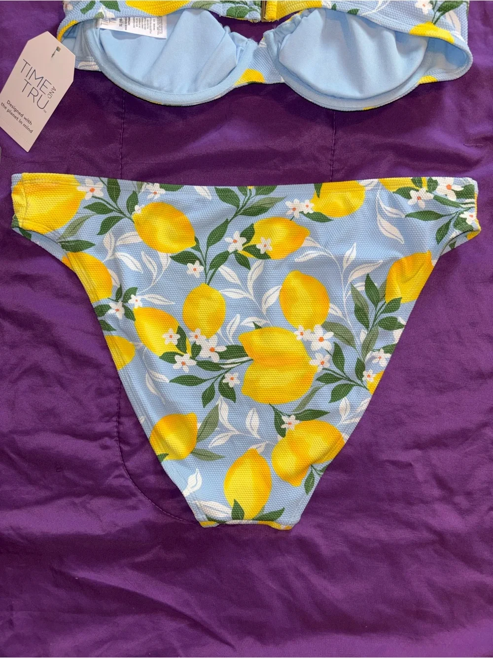 Time and Tru Light Blue & Yellow Lemon Print Tie-Shoulder Bikini